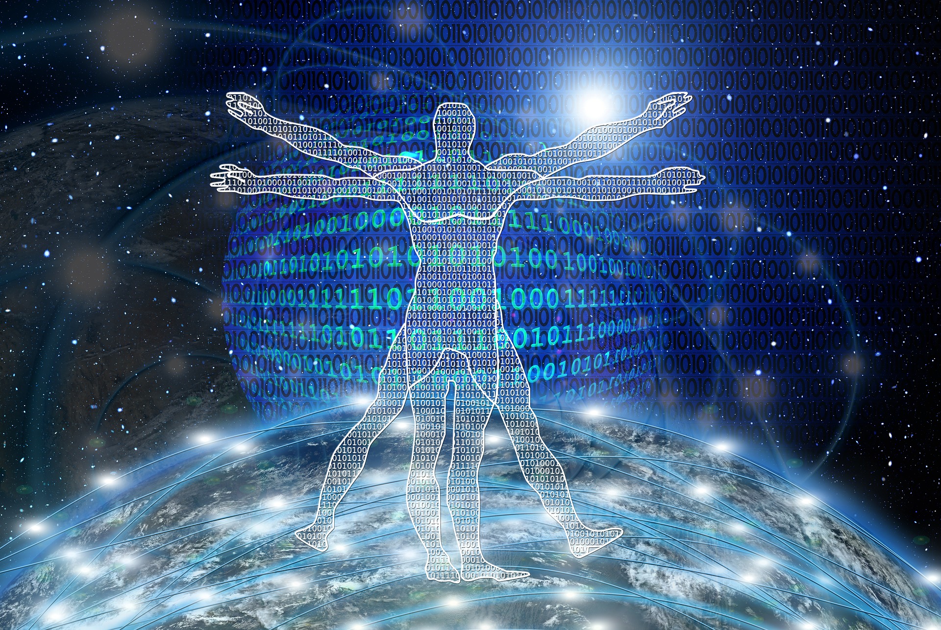 Vitruvian man over the world with computer code